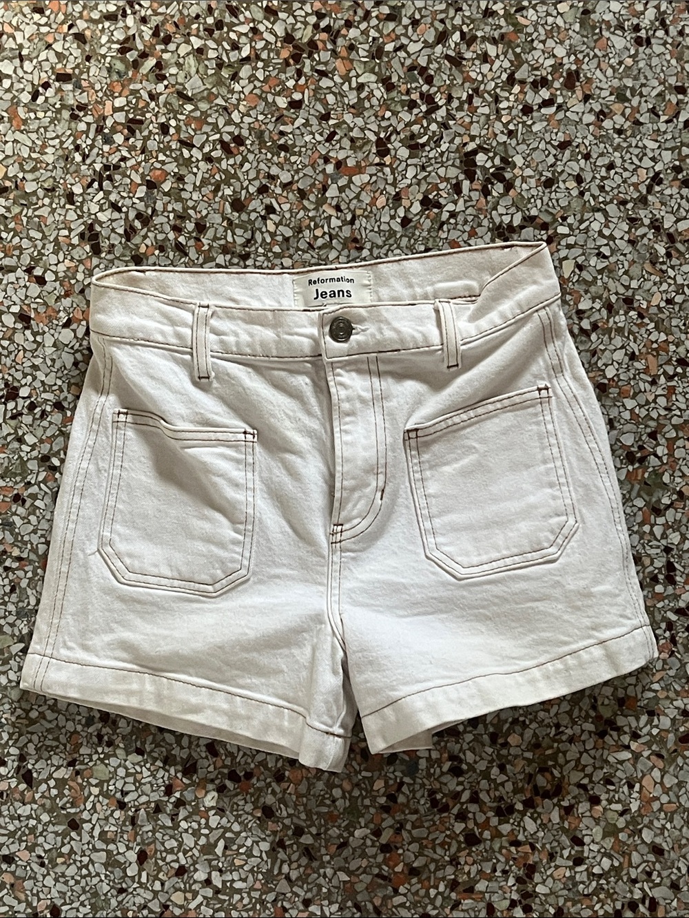 Reformation Cream High-Rise Denim Shorts
